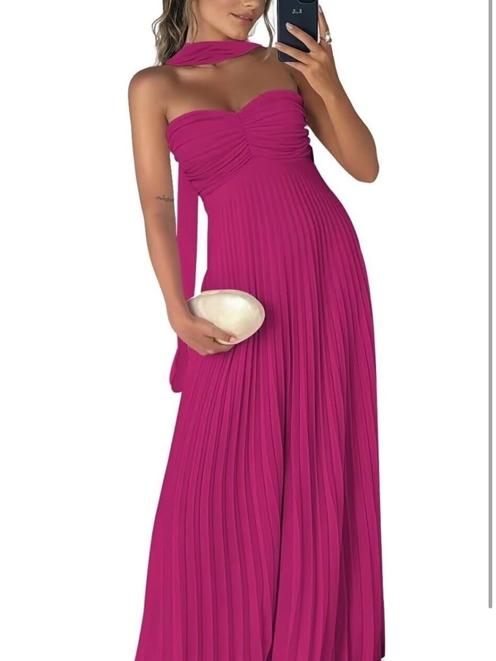 Strapless Pleated Maxi Dress in Magenta with Scarf